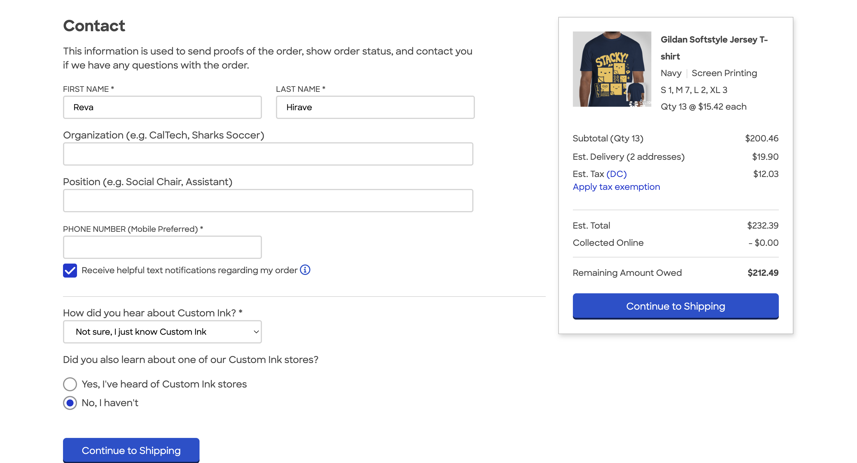 CustomInk form page 2